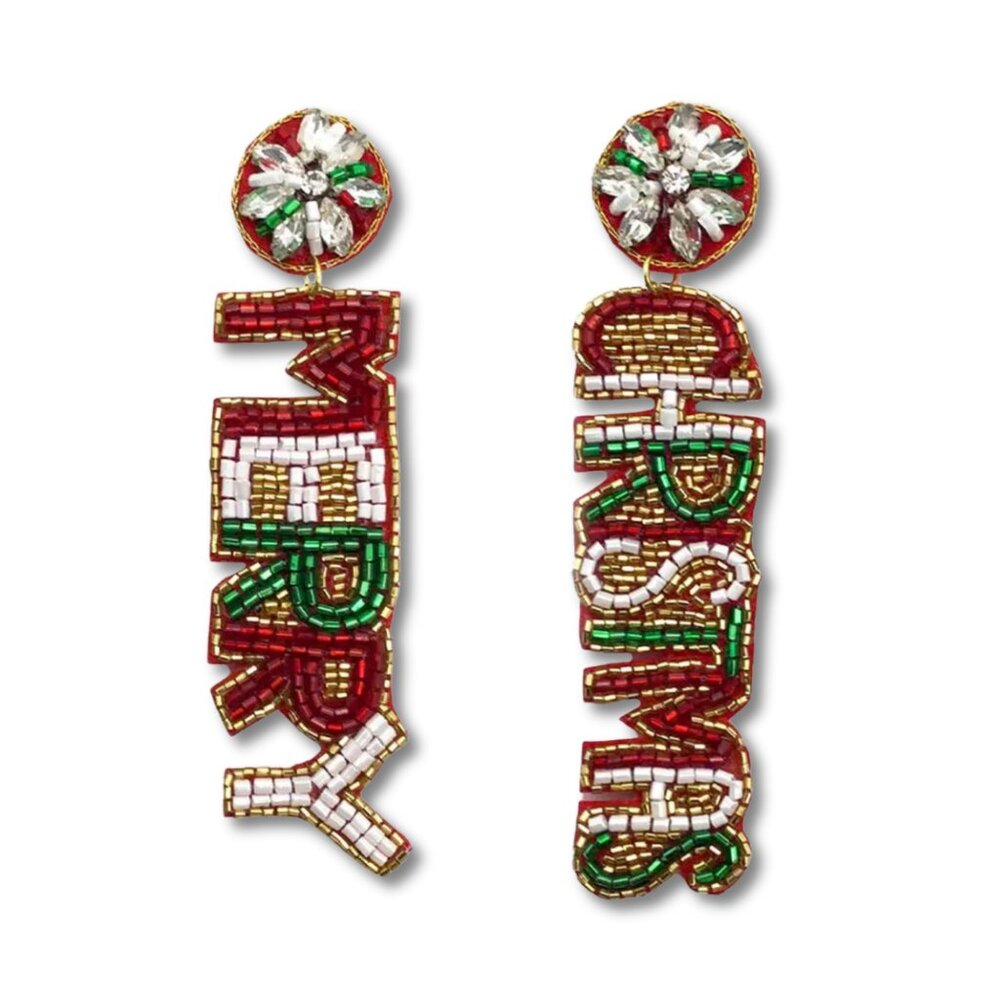 Merry Christmas Words Gorgeous Glass Seed Beaded Holiday Earrings